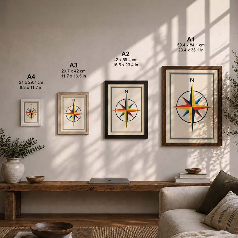 Compass Rose Geometric - Framed Print, Black, A4 - 29.7 x 21.0 cm