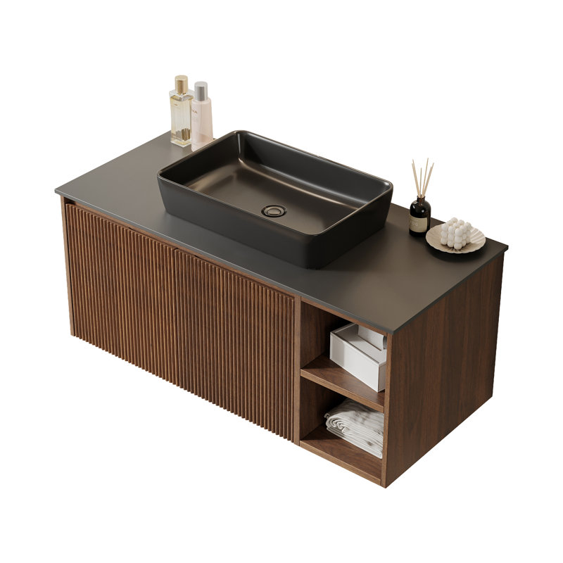 Meuble-lavabo simple 35,83 po avec plateau en pierre frittée brillante Antonanzas, Bois foncé, Black
