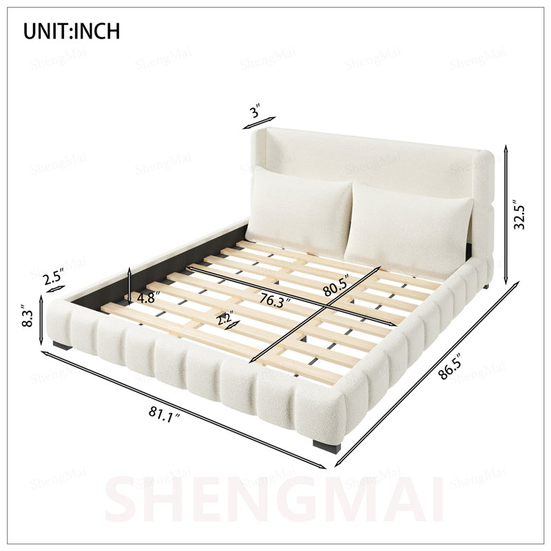 Très grand lit plateforme tapissier avec 2 coussins, conception élégante et fabrication robuste pour un confort ultime, White
