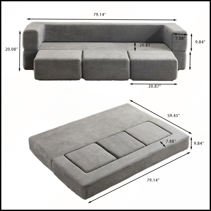 Versatile Modular Sofa, Detachable and Combinable, Reclinable Dual-Purpose Lazy Sofa Bed for Small Apartments and Rental Homes, Grey