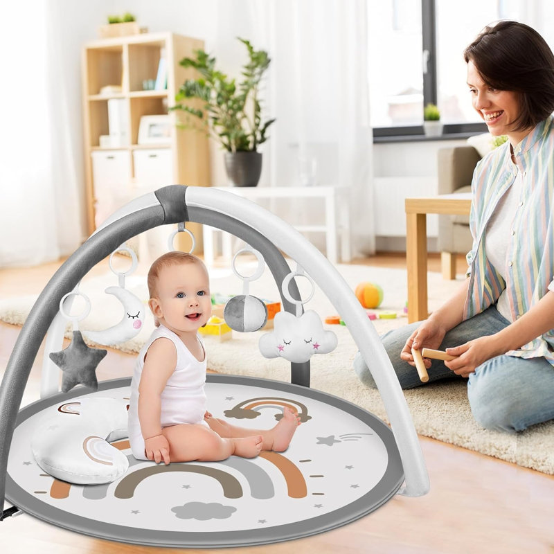 Tapis de jeu pour bébé de 35,4 po avec 6 jouets suspendus détachables, Gris