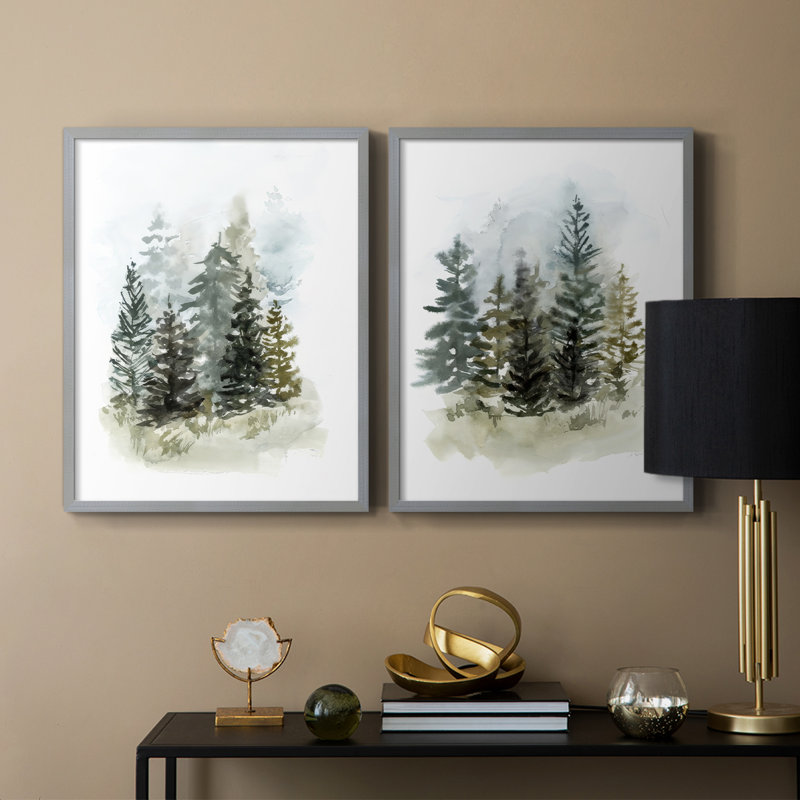 Impression encadrée Washy Treeline I-Premium - prête à être accrochée - aucun clou requis - aucun clou requis, Vert