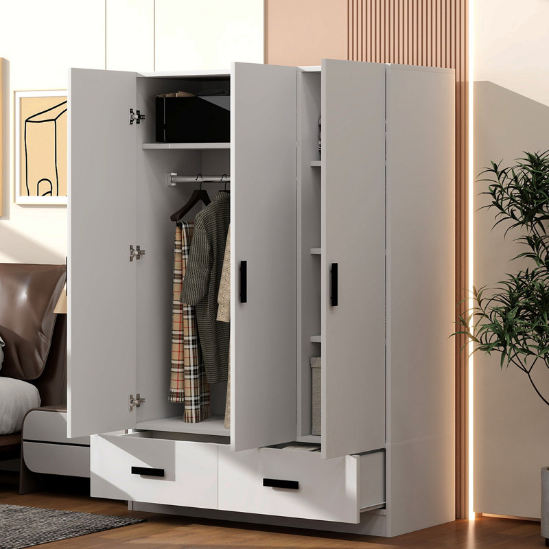 3 Door Wardrobe Closet With Storage Drawers,Shelves And Hanging Rod,White