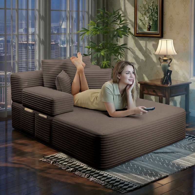 Canapé-lit convertible en méridienne à compression Corduroy avec poches de rangement et 3 coussins, canapé-lit moderne surdimensionné pour le salon, sans assemblage