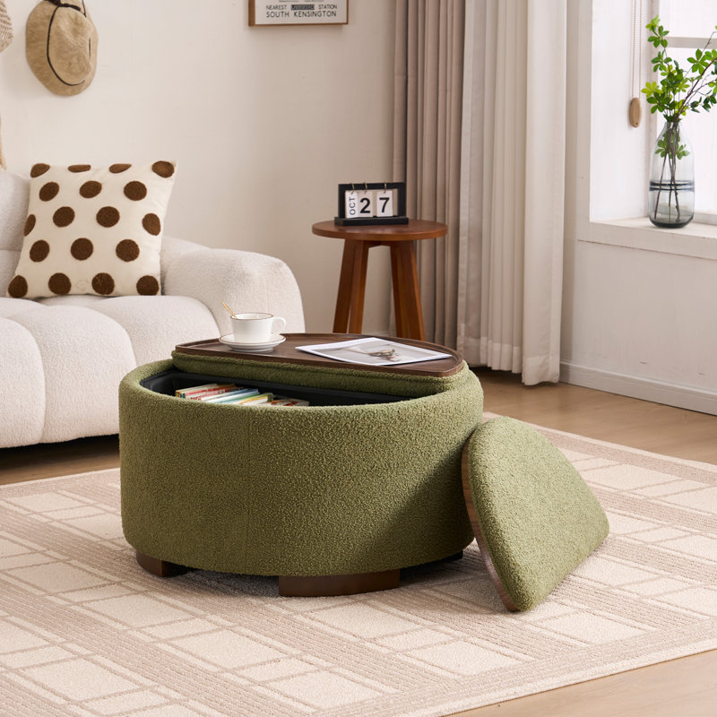 Modern Round Storage Ottoman with Half-half Split Wooden Tray, Sage, Boucle