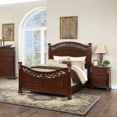 Luxurious Bed 2x Nightstands 3pc Bedroom Set Elegant Design Panel Bed Dark Cherry Finish