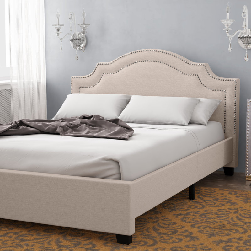 Upholstered Standard Bed, Twin, Beige Linen