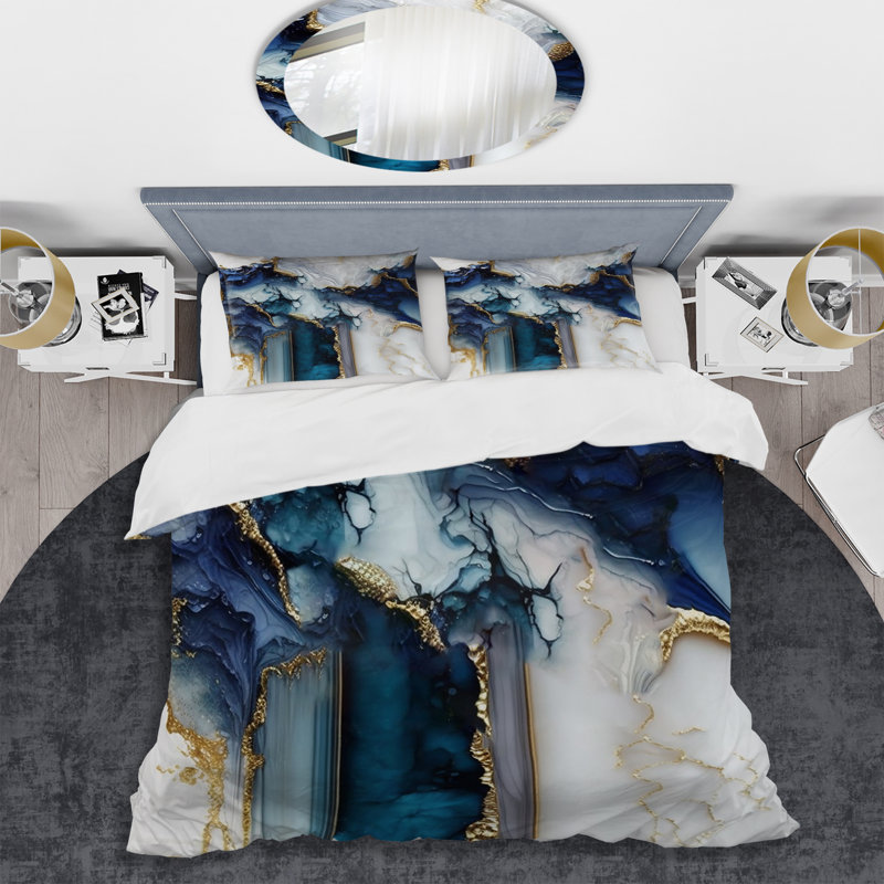 Abstrait Géode - Marbre blanc et bleu I - Ensemble de housse de couette moderne - Microfibre de polyester