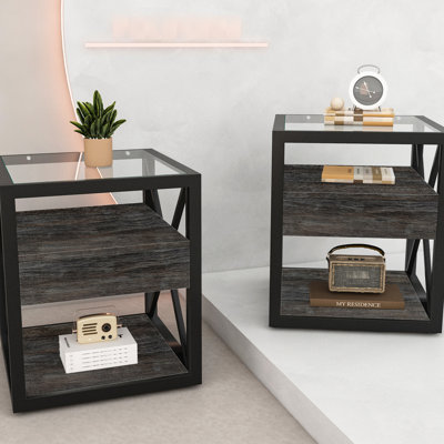Modern End Table Of 2 With Drawer, Nightstand For Bedroom And Living Room, Rustic Wood Grain & Tempered Glass Top, Smooth Surface, Compact Footprint Tables Industrial Design Feature, Load - Bearing