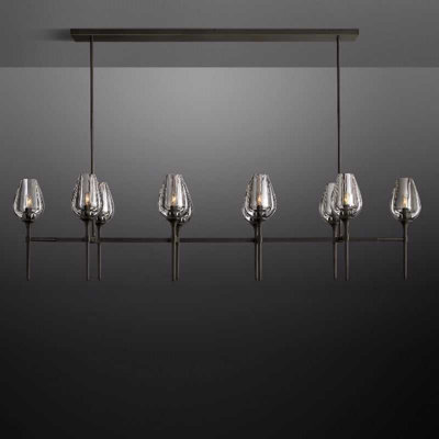 Michah 10 - Light Height Adjustable Rectangle Vintage Kitchen Island Black Chandelier with Glass Shade(Bulbs Included)