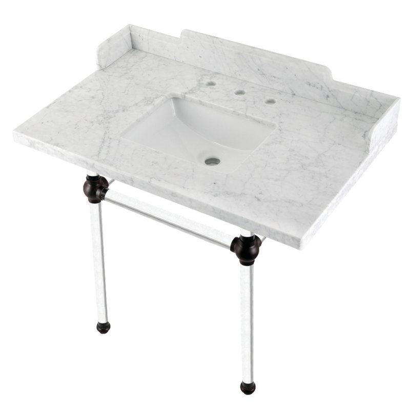 Kingston Brass Pemberton 36-Inch Carrara Marble Console Sink with Acrylic Legs (8-Inch, 3-Hole), Marble White/Black/White