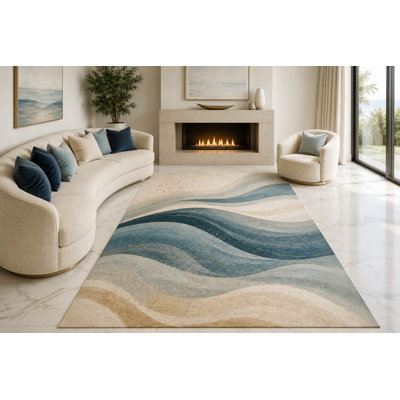 "Ultra Lightweight" Large 6'7" x 9'10" Layered Ocean Waves Area Rug for Living Room, Bedroom and Home Office, Soft Low Pile Carpet with Non-Slip Silicone Backing, Blue and Cream