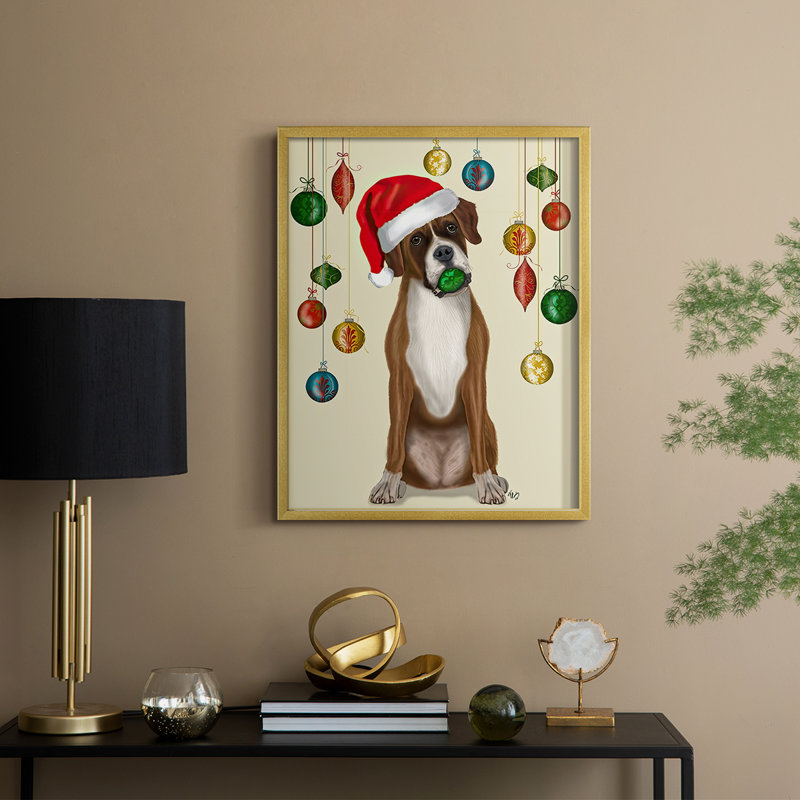 «Christmas Boxer and Bauble Ball», reproduction encadrée - bois massif, H 11 po x l 9 po, Doré