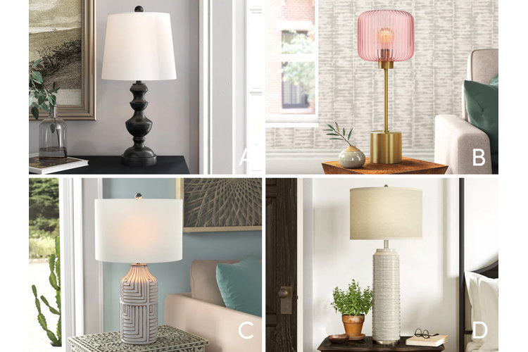 Collage featuring four pictures of different table lamps, each labeled A, B, C, or D.