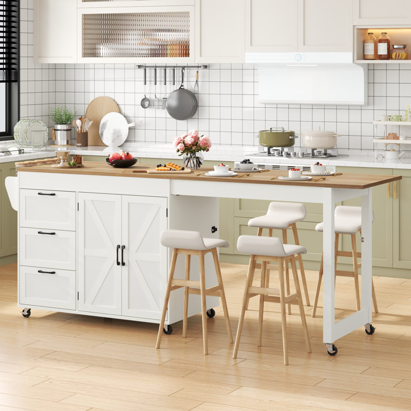 Grand îlot de cuisine 89,6 po avec table de salle à manger extensible sur roulettes, 3 tiroirs et 2 portes pour la cuisine, la salle à manger et le salon