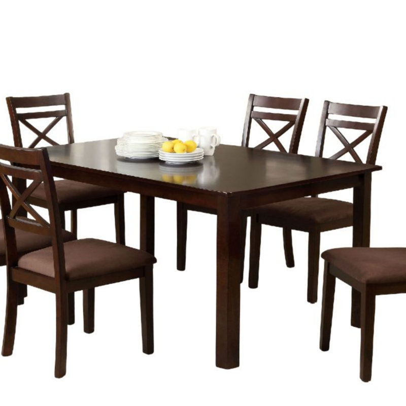 Transitional Style 7Pc Dining Table Set With Microfiber Padded Seats And Cross Back Chairs, Perfect For Comfort And Elegance.