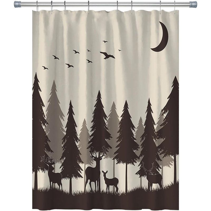 Forest Mountain RV Shower and Bath Curtain with Camper Design - Waterproof Happy Camp Pattern, Fabric Decor Set with Hooks - Grey Black, 47x64 Inches