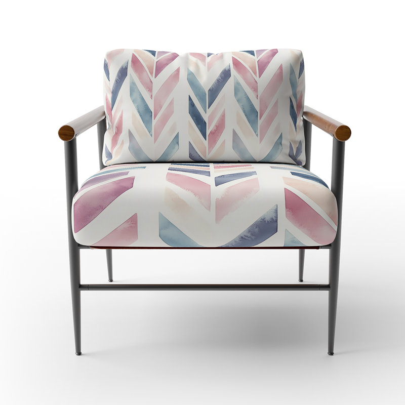 Chaise d'appoint contemporaine Boho - Fauteuil mauve à chevrons mauve et bleu, Bras ronds bruns