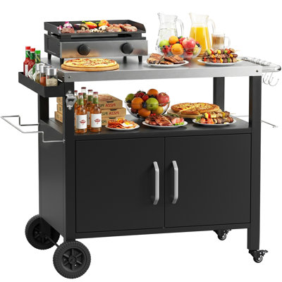  Chariot de barbecue extérieur avec armoire de rangement, îlot de cuisine extérieur avec plateau en acier inoxydable, 2 roulettes verrouillables et 4 crochets pour la préparation des repas au barbecue et les repas à l'extérieur