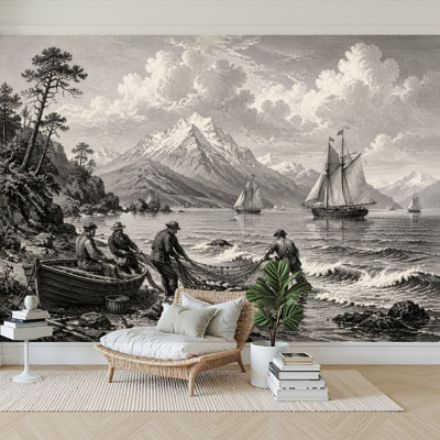 Wall Mural Peel and Stick Wallpaper Vintage Nautical Scene Sailing Ships Fishermen Mountain Landscape Self-Adhesive Removable Contact Paper Wall Decor for Living Room Bedroom 100"H x 144"W