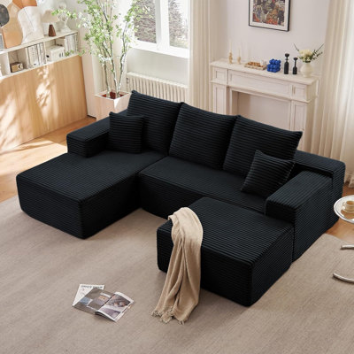 Canapé en L 107 po avec repose-pieds, canapé modulaire moderne en U confortable en forme de U, siège profond, méridienne rembourrée en velours côtelé pour salon, sans assemblage requis, noir