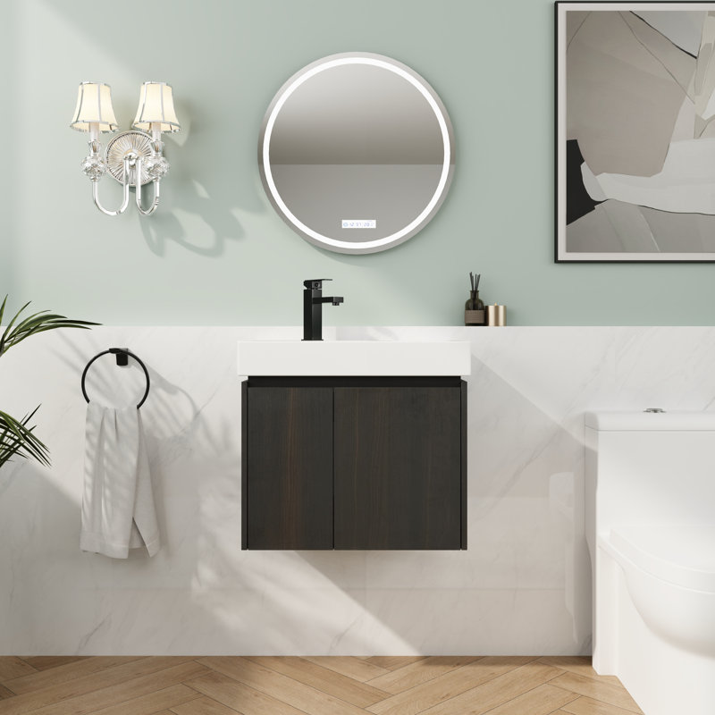 24 Inch Wall-Mounted Vanity with Ceramic Sink, Space-Saving Floating Design for Small Bathrooms, Black