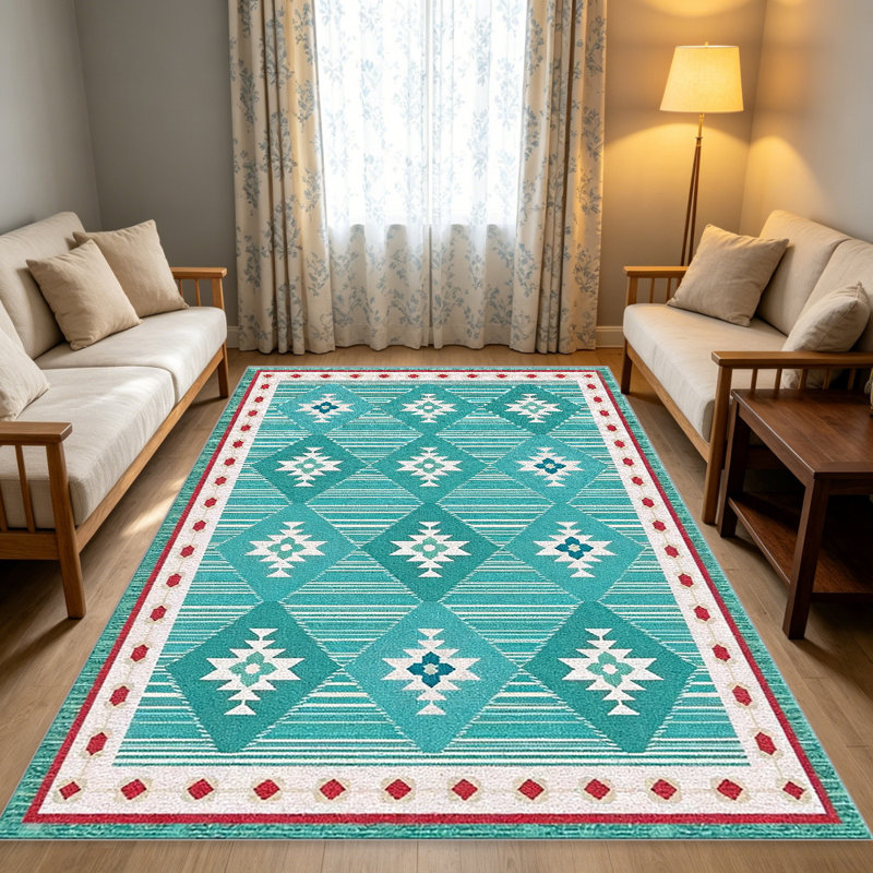 Turquoise Southwestern Diamond carpet-easy to clean, machine-washable, soft and comfortable; suitable for door mats, kitchens, living rooms, bedrooms, corridors, and laundry areas. Easy to clean, durable carpet for home decoration.