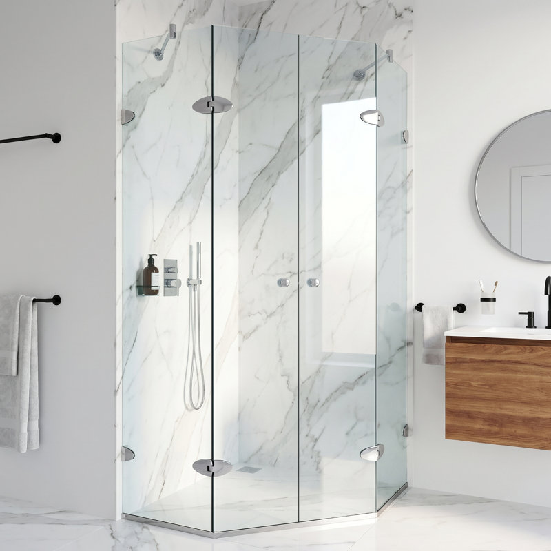 Cabine de douche à charnière sans cadre avec verre transparent 3/8 de l 46 po x P 46 po x H 73 po Gemini, Chrome