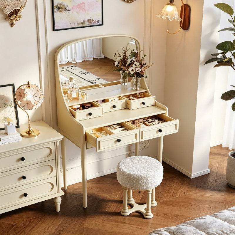 31.5"French-style solid wood dressing table with a large vanity mirror