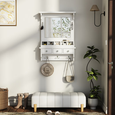 Floating Makeup Vanity With White 31.7 - Inch Wall Mirror, Mounted Storage 3 Drawers, 5 Pockets & Hooks For Small Areas Vanity, White, Hooks, Hd Mirror Space Saving Home Decor