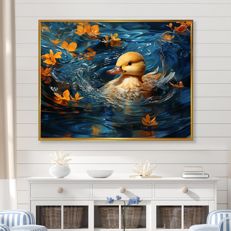 Art mural minimaliste, canard colvert, H 30 po x l 40 po x P 1,5 po, Cadre flottant doré