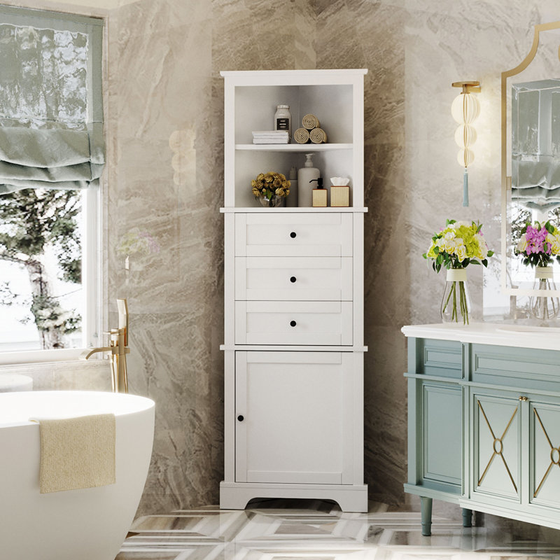 Triangle Tall Cabinet with 3 Drawers and Adjustable Shelves, White