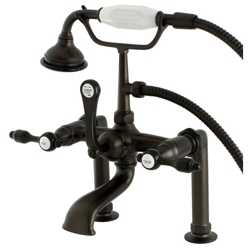 Kingston Brass Tudor Three-Handle 2-Hole Deck Mount Clawfoot Tub Faucet with Hand Shower, Oil Rubbed Bronze