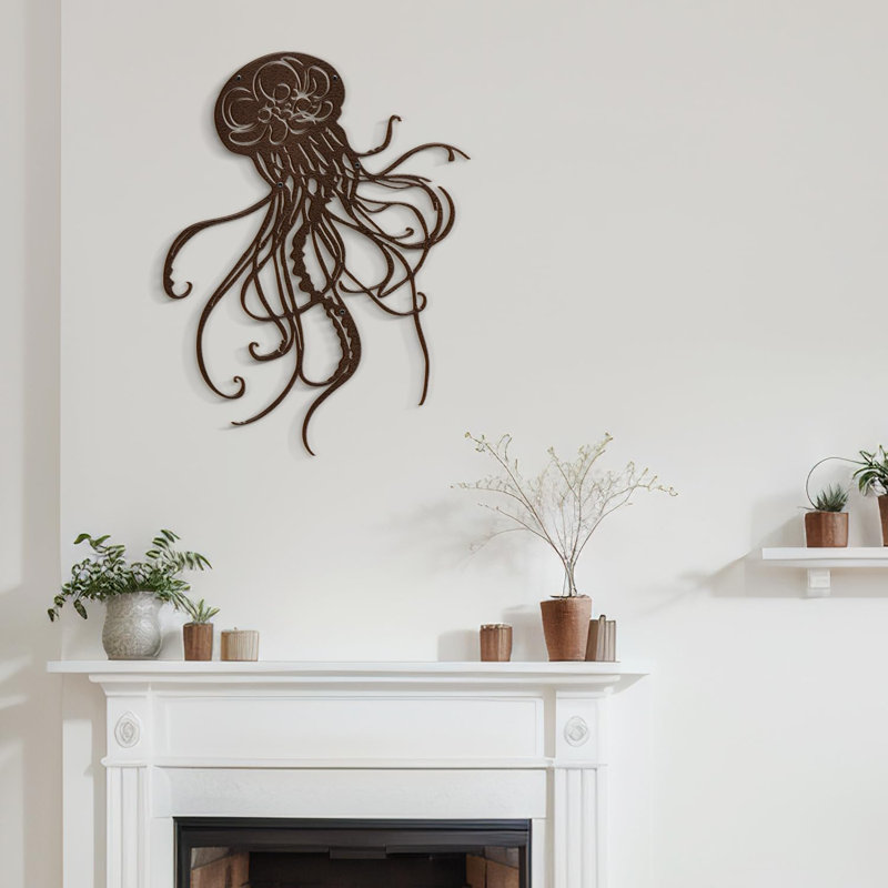 "Jellyfish" - Nautical Animals Iron Sculpture Metal Wall Art Modern Decor, 36" H x 36" W x 0.05" D, Bronze
