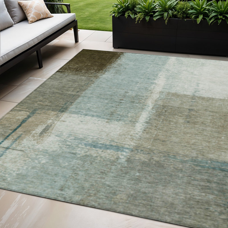 Tapis extérieur lavable abstrait turquoise et beige pâle 5 pi x 8 pi