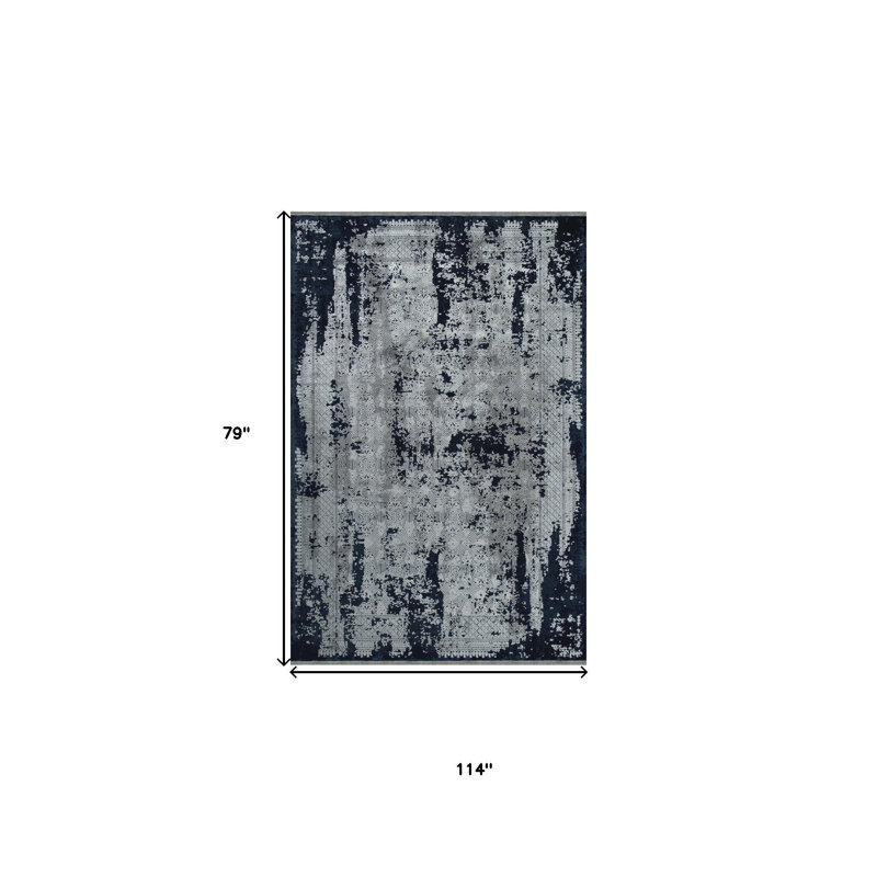 Tapis abstrait gris et bleu marine 7 pi x 10 pi avec franges