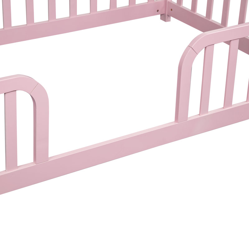 Lit simple pour enfants Montessori, lit pour tout-petits en bois de pin avec garde-corps de sécurité, entrée centrale, lit de clôture à profil bas, rose
