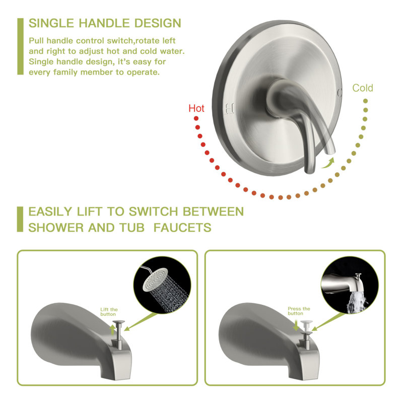 10" Round Rain Shower Head Systems With Waterfall Tub Spout, Brushed Nickel,Wall Mounted Shower