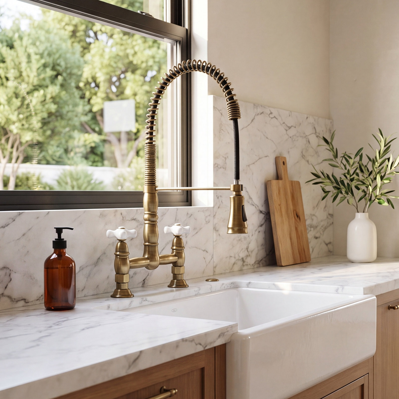 Gourmetier Pull-Down Bridge Faucet, Antique Brass