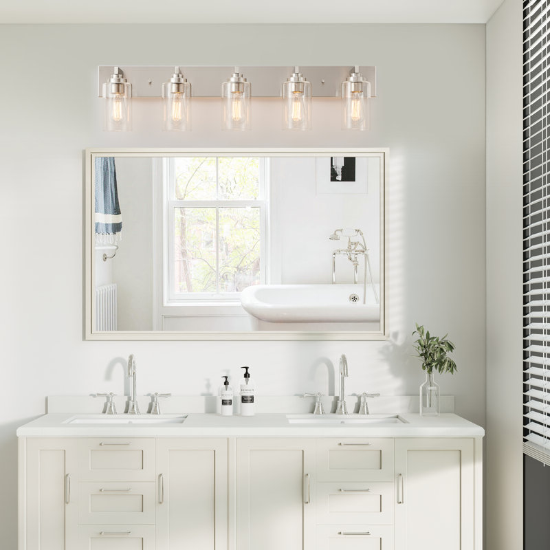 Éclairage de meuble-lavabo transitionnel à intensité variable, 5 lumières, Nickel brossé, 36,25 po de largeur