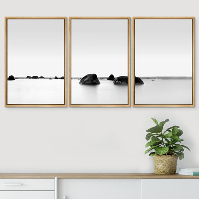 Coastal Beach " IDEA4WALL Framed Canvas Print Wall Art Set Black & White Rocky Lake Zen Seascape Nature Wilderness Photography Realism Decorative Scenic Rustic Chic For Living Room, Bedroom, Office " 3 - Pieces
