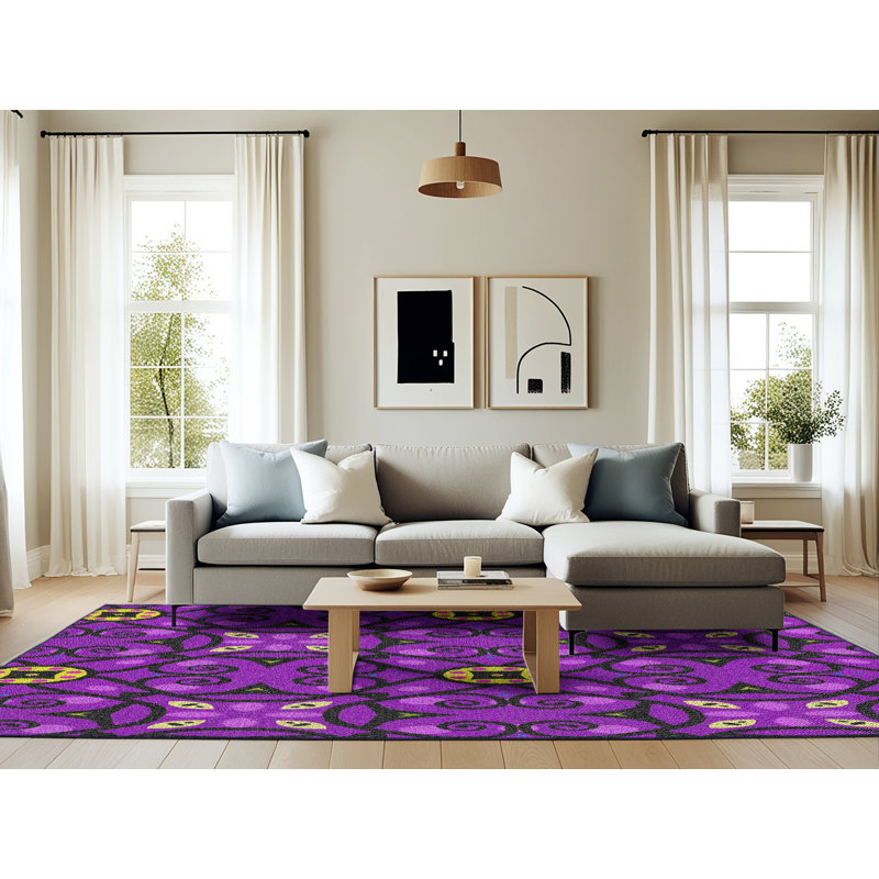 Violet Non disponible/Tapis décoratif jaune, Rectangle 6 pi x 9 pi