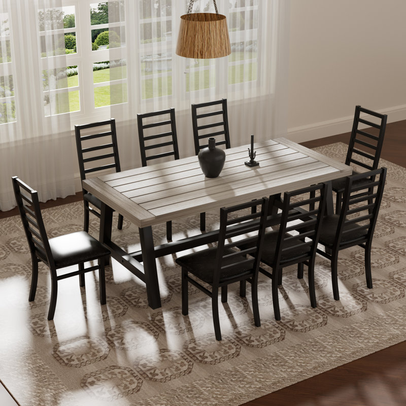 Rectangle Wooden Dining Set with High Backrest Dining Set, 9, Black
