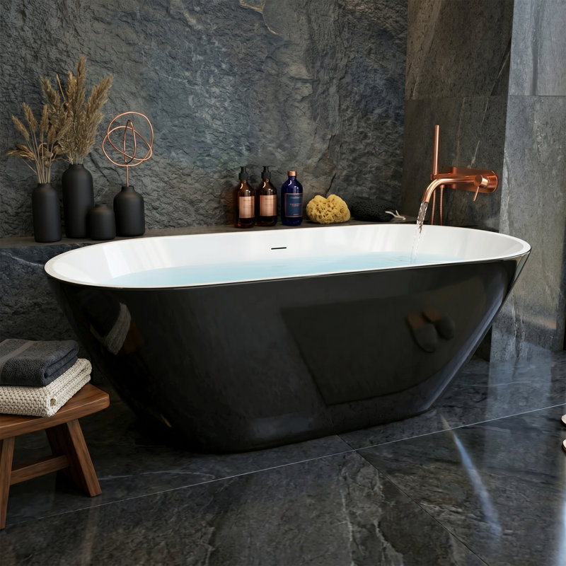 55" Acrylic Oval Freestanding Bathtub, Minimalist Flat Bottom Soaking Tub with Slotted Overflow and Center Drain, Multiple Colors Available
