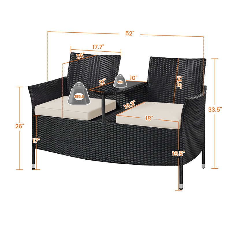Selisa 2-Person Outdoor Wicker Love Seat with Removable Cushions & 1 Tempered Glass Side Table
