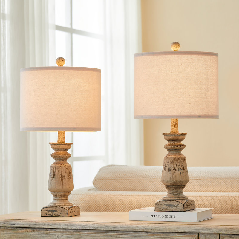 22" Farmhouse Table Lamp Set With Fabric Shade