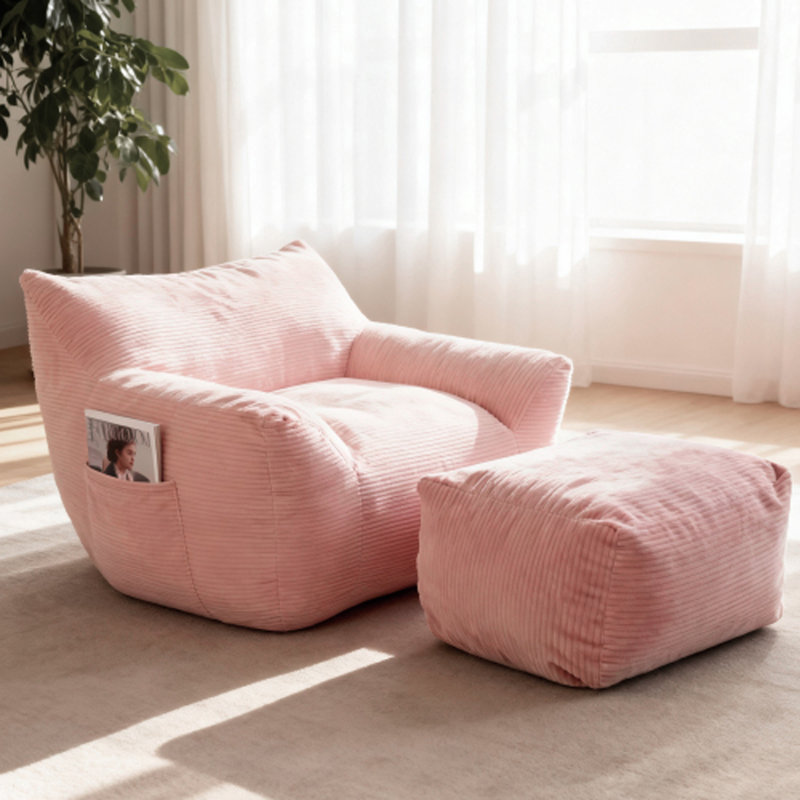 Fauteuil à billes surdimensionné en velours côtelé de 41,7 po avec repose-pieds, Rose