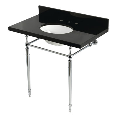 Évier de cuisine en granite noir Kingstonian KVPK3622K86 de 36 po avec pieds en laiton (8 pouces, 3 trous), granit noir / nickel poli