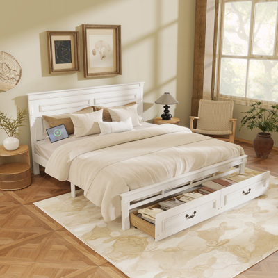 King Size Bed with Tall-Panel Headboard, 2 Storage Drawers