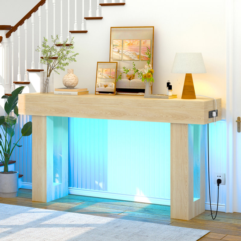 63 Inch Long Console Table With Outlets And Usb Ports, Wooden Sofa Table Behind Couch With Led Lights, Farmhouse Rectangular Entryway Accent Table For Living Room, Hallway, Entrance